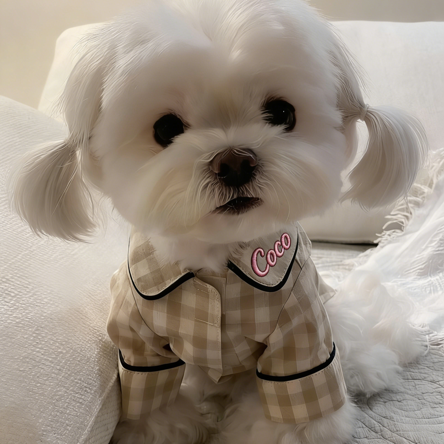 Personalisierter bestickter Name Baumwoll-Leinen Karierter Hunde-Schlafanzug | inCloth70