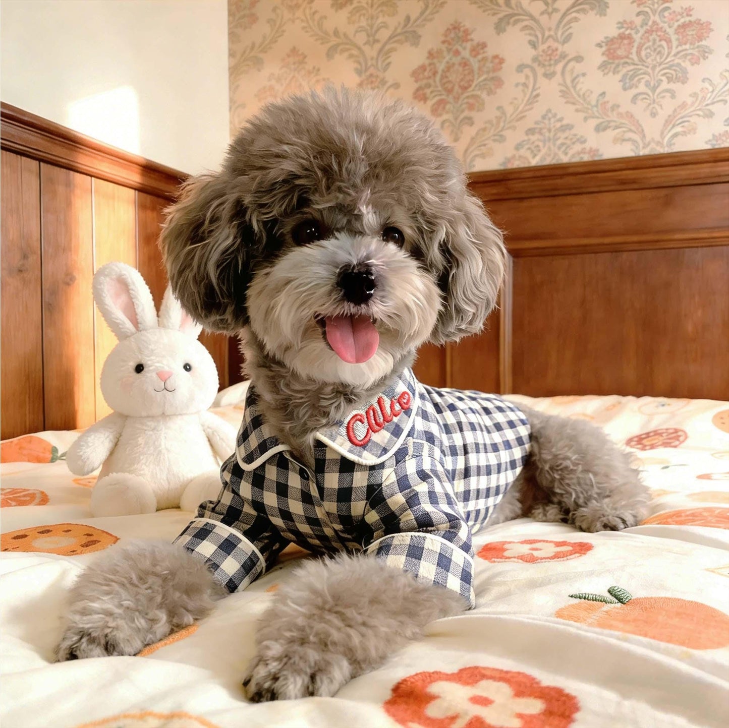 Personalisierter bestickter Name Baumwoll-Leinen Karierter Hunde-Schlafanzug | inCloth70