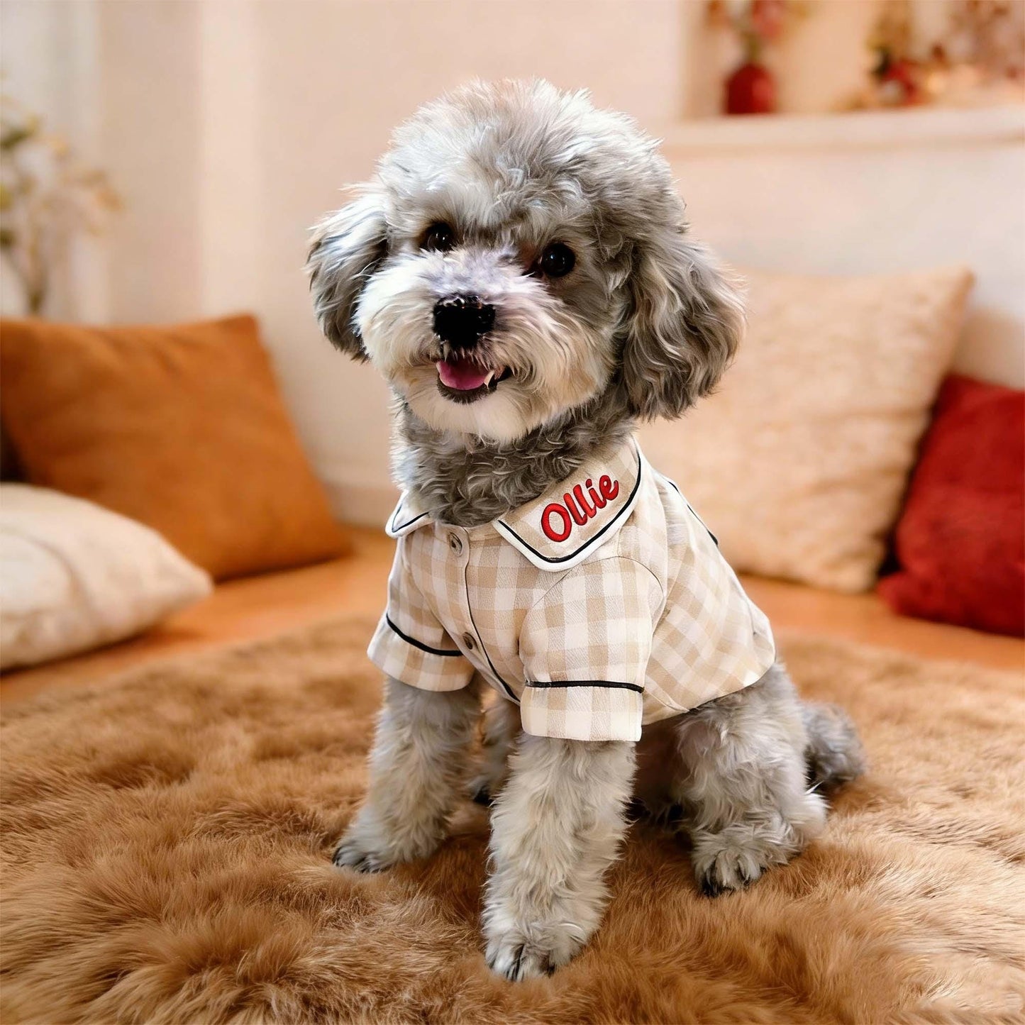 Personalisierter bestickter Name Baumwoll-Leinen Karierter Hunde-Schlafanzug | inCloth70