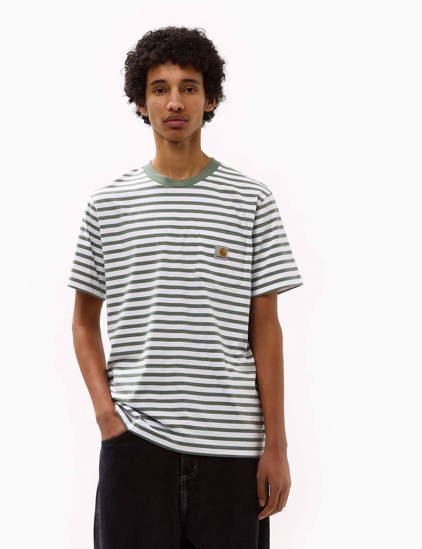 Seidler Streifentaschen-T-Shirt – Parkgrün/Weiß