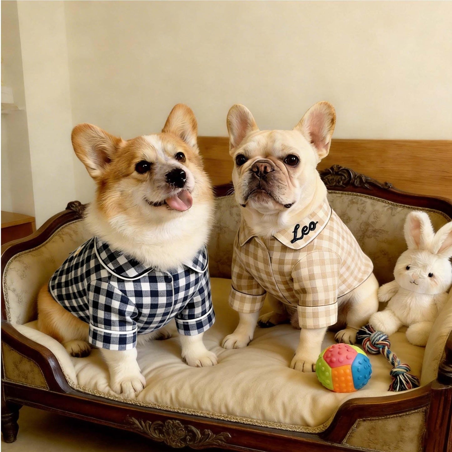 Personalisierter bestickter Name Baumwoll-Leinen Karierter Hunde-Schlafanzug | inCloth70