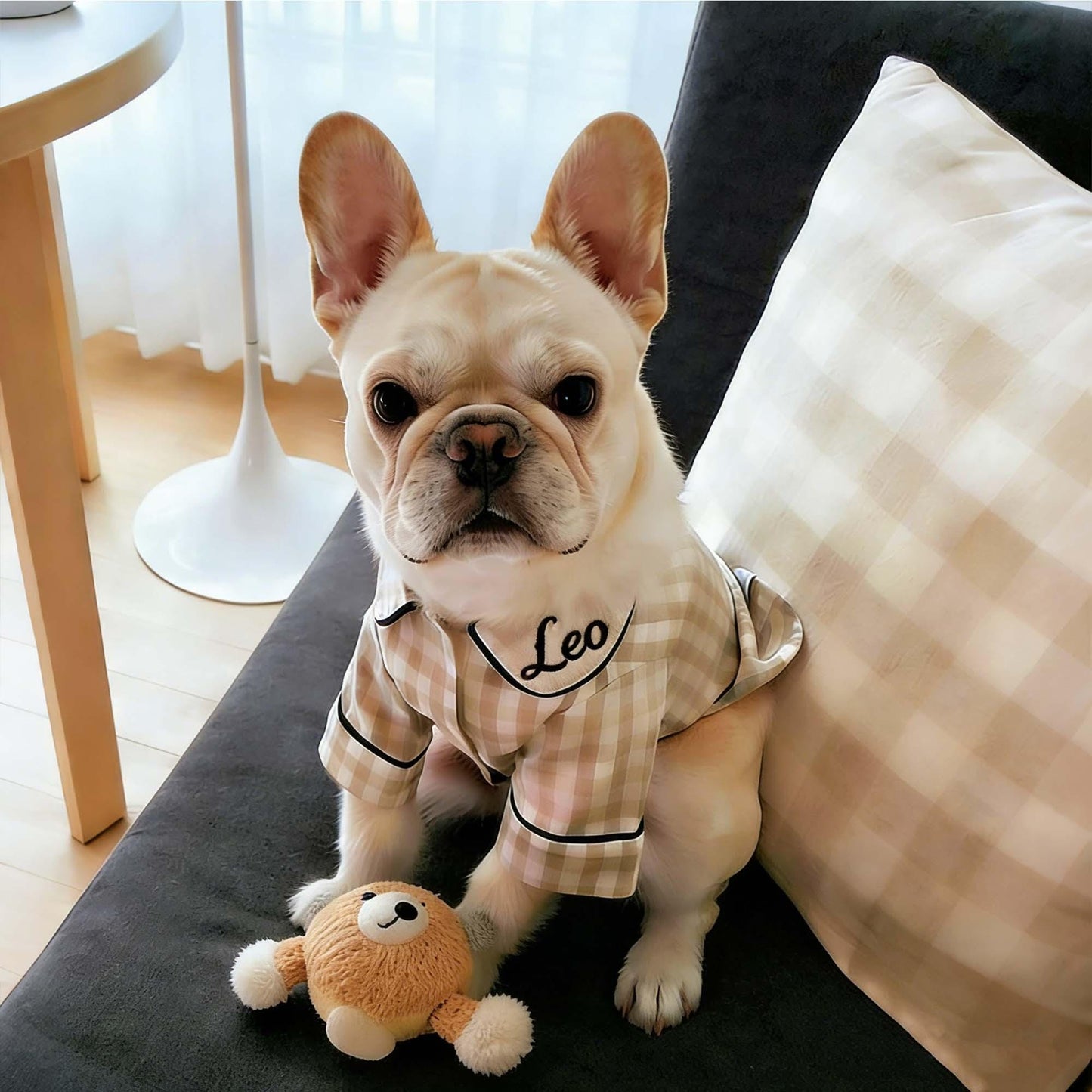 Personalisierter bestickter Name Baumwoll-Leinen Karierter Hunde-Schlafanzug | inCloth70