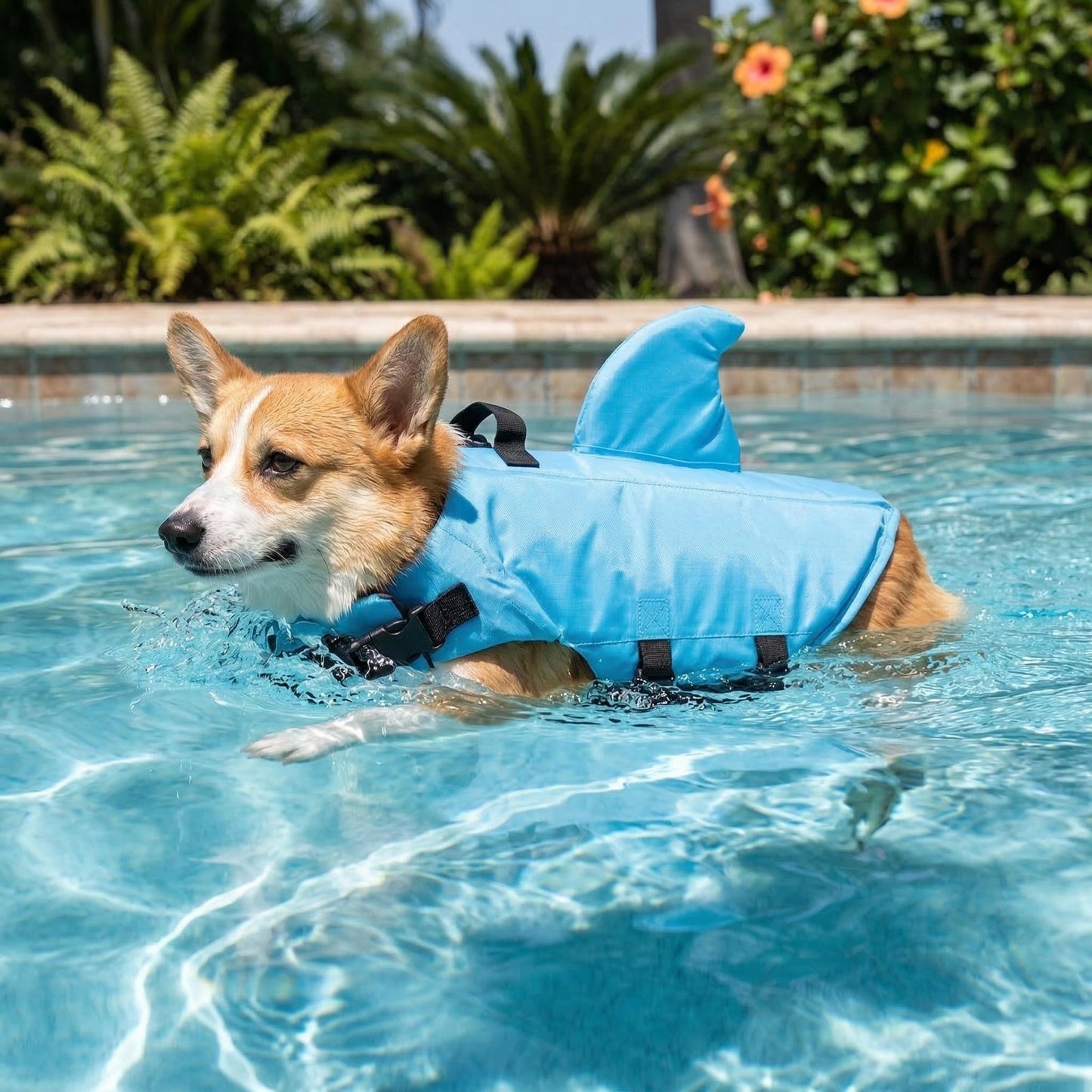 Personalisierte Haustier-Schwimmweste mit Namen in Hai-Optik | inCloth56